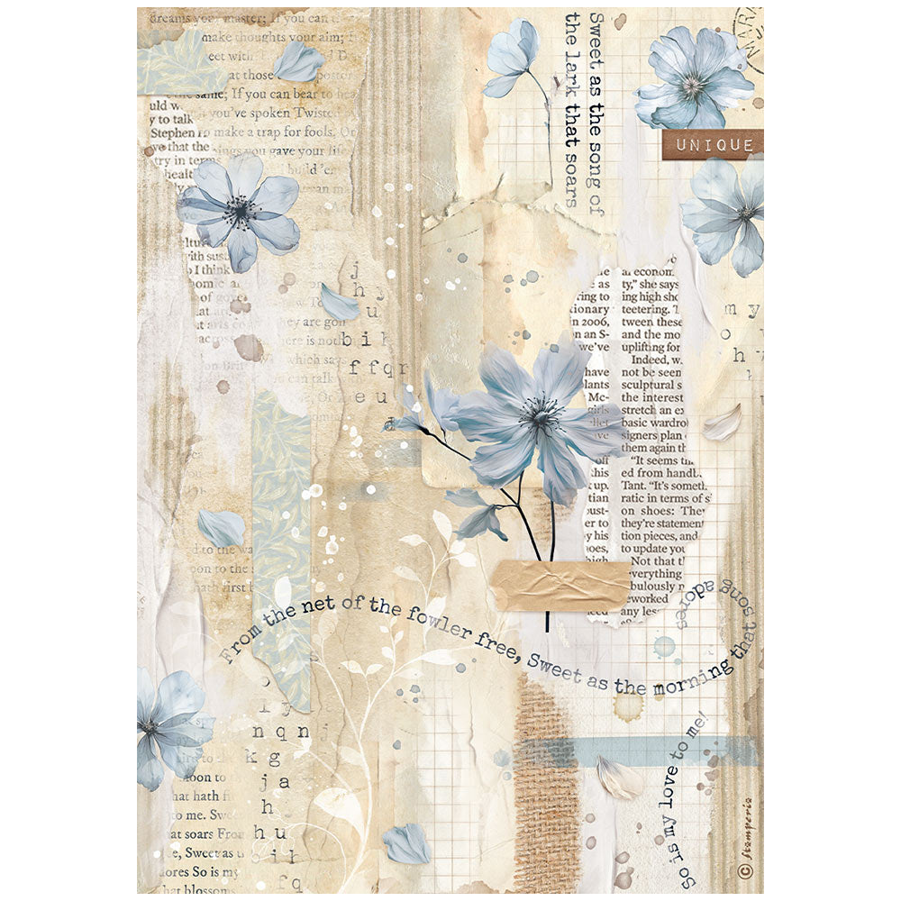 Stamperia Rice Paper A4 - Create Happiness Secret Diary, Blue Flower