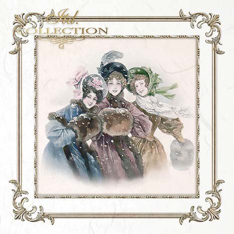 Vintage-style illustration of three women in formal attire with decorative frame