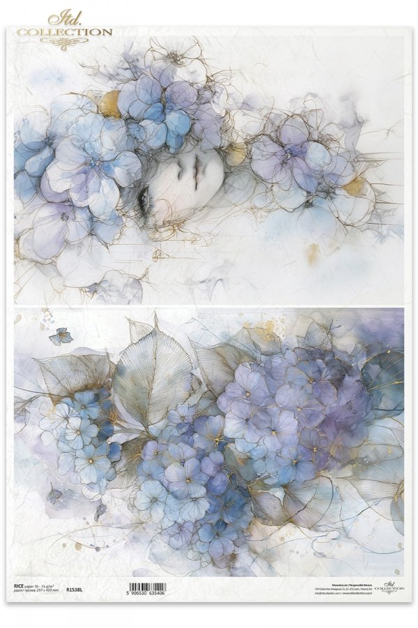 Decoupage Rice Paper - Blue HydrangeaA3