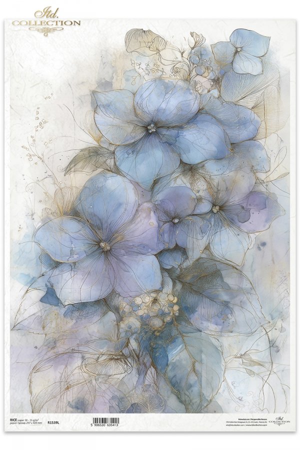 Decoupage Rice Paper - Blue HydrangeasA3