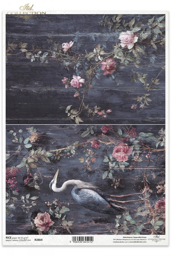 Decoupage Rice Paper - Botanical Boudoir, HeronA4