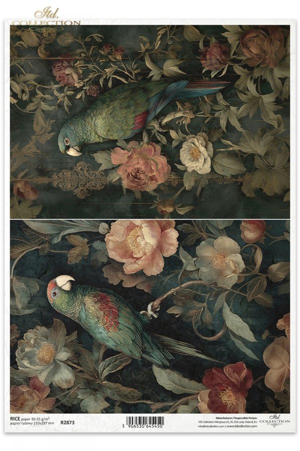 Decoupage Rice Paper - Botanical Boudoir, ParrotA4