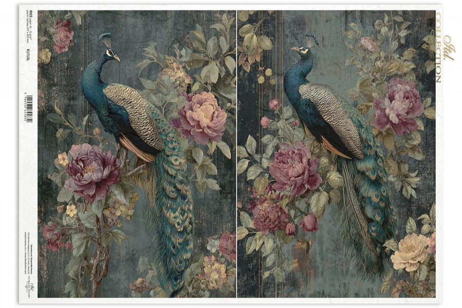 Decoupage Rice Paper - Botanical Boudoir, PeacockA3