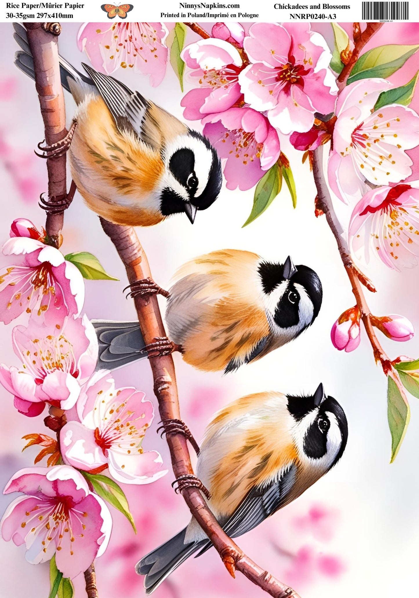 Decoupage Rice Paper - Chickadees and Blossoms