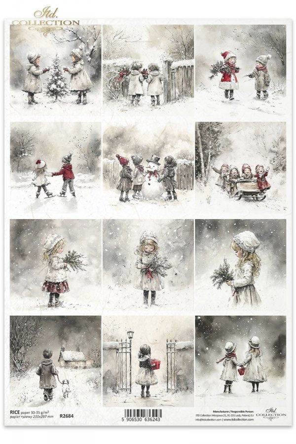 Decoupage Rice Paper - Christmas Children Playing (Special Pre-Order)A4