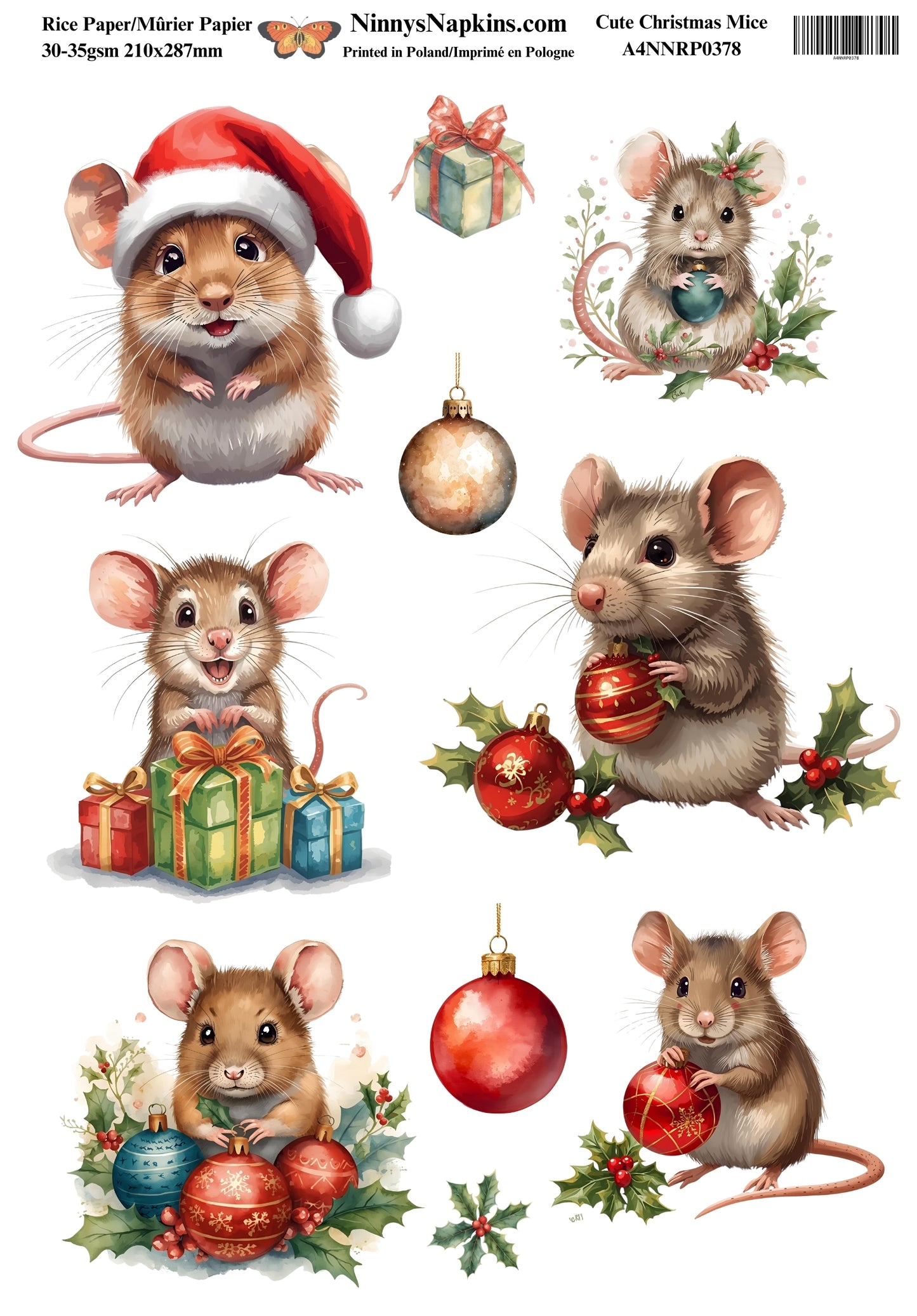 Set of Christmas-themed mouse illustrations with Santa hats, presents, and ornaments on a white background.