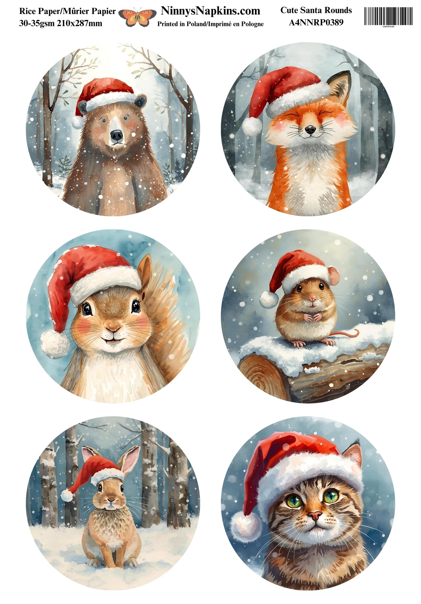 Decoupage Rice Paper - Cute Santa Rounds