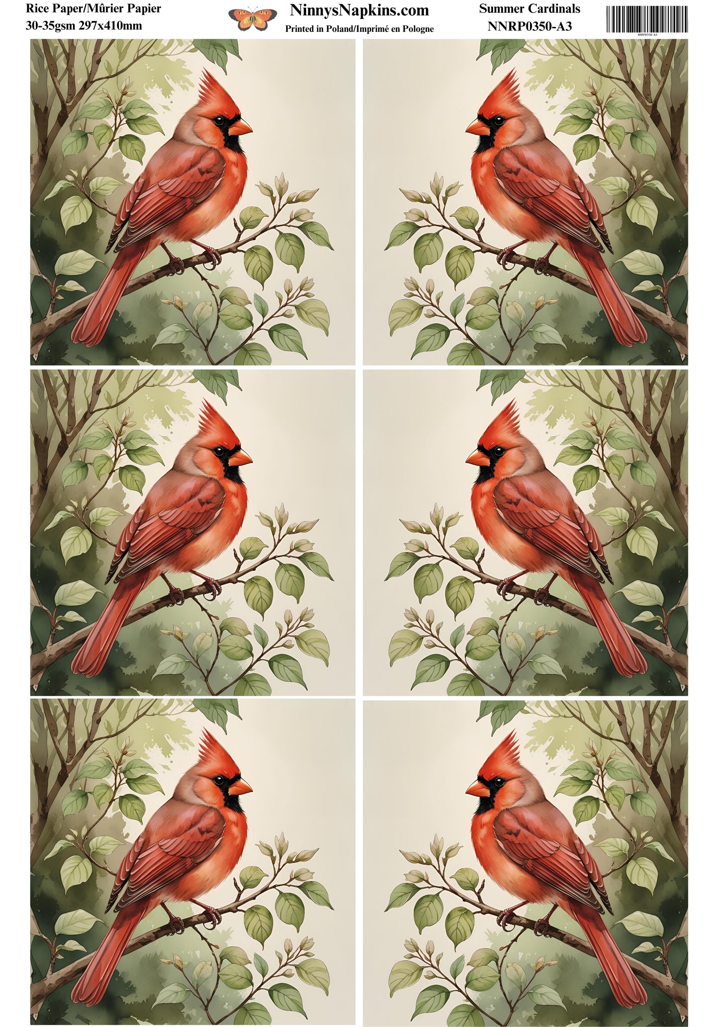 Decoupage Rice Paper - Summer Cardinals