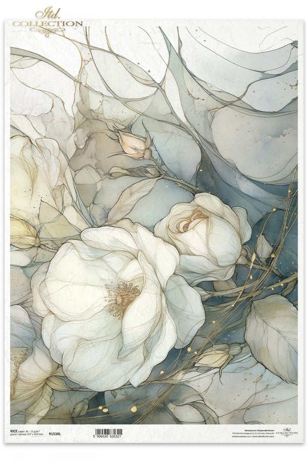 Decoupage Rice Paper - White RosesA3
