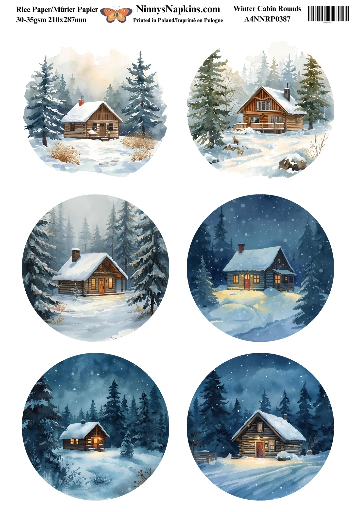 Decoupage Rice Paper - Winter Cabin Rounds