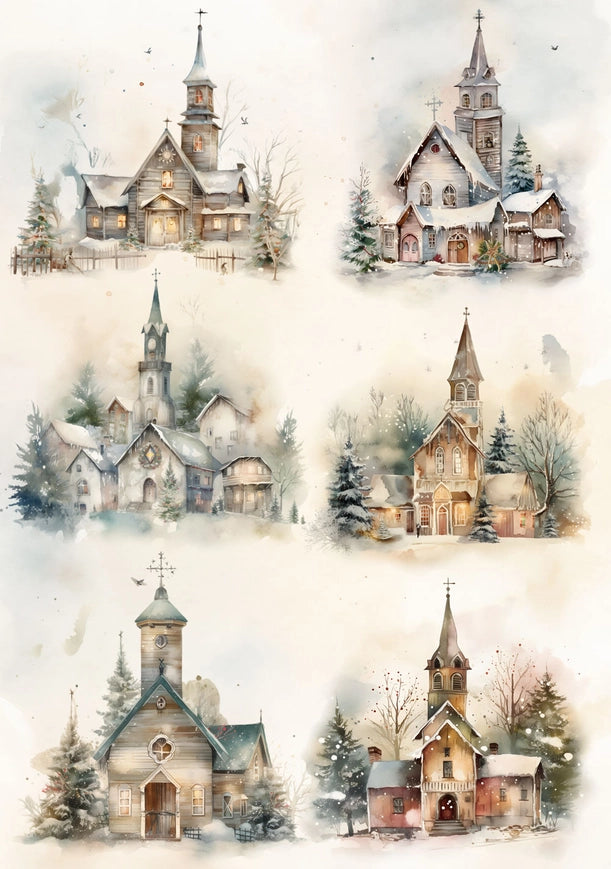 Decoupage Rice Paper A4 - Winter Churches