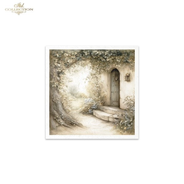 Framed artwork of a garden scene with a door and path