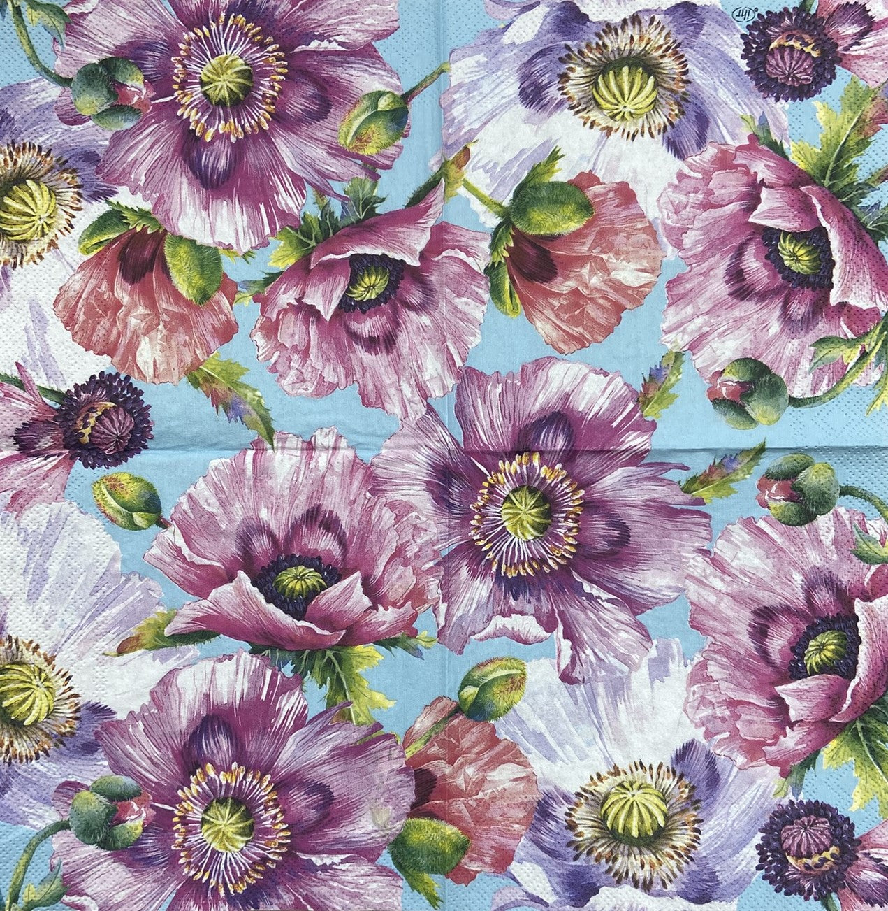 Decoupage napkins 6.5" (2pcs)- Graceful Poppy Light Blue