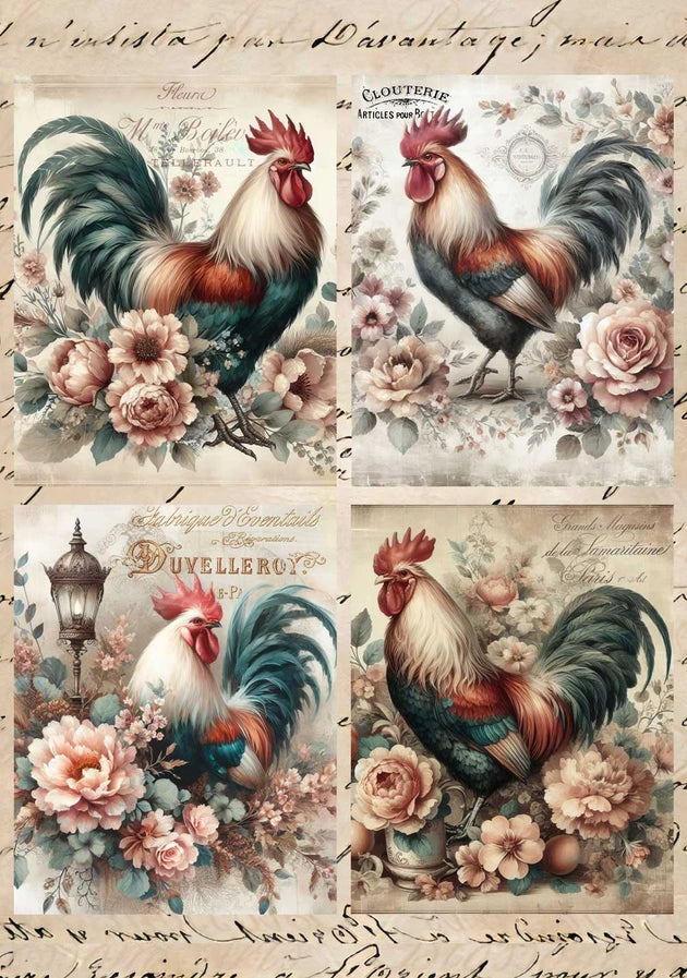European Excellency Decoupage Rice Paper A4 - Roosters in Flowers