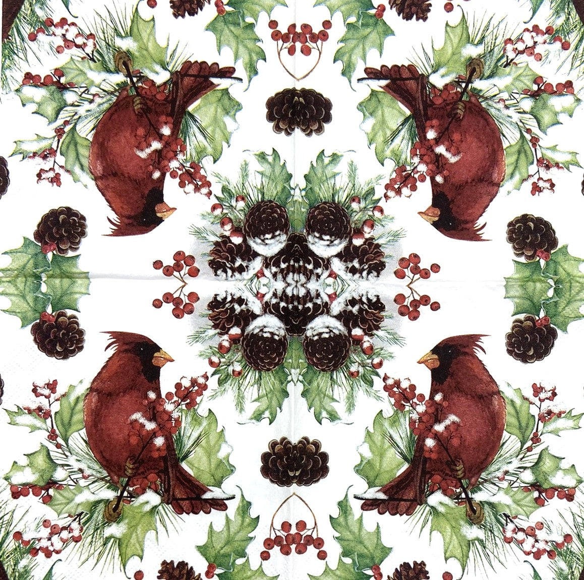 Decoupage Napkins 5" (2pcs)- Cardinals in Holly Christmas