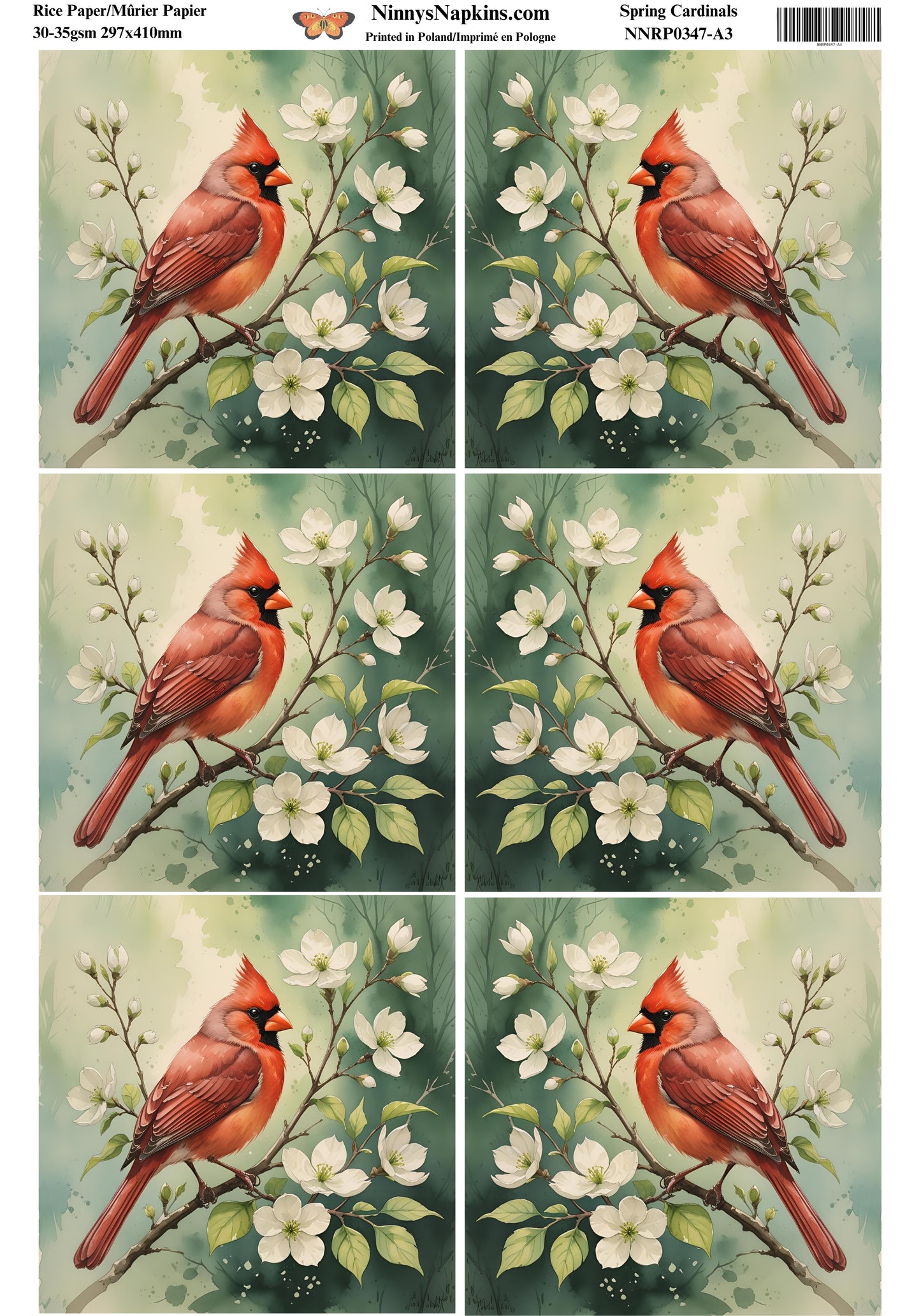 Special Order - Ninny's Decoupage Rice Paper - Spring Cardinal