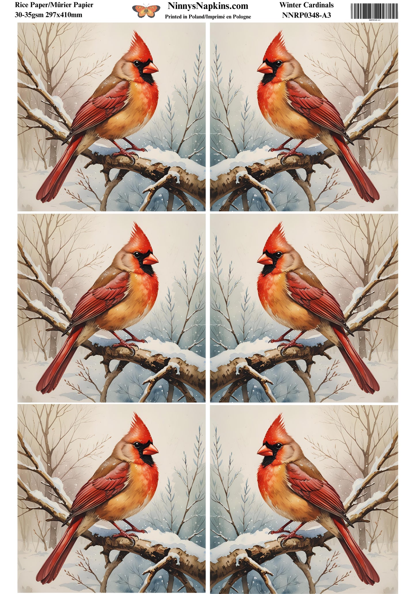 Special Order - Ninny's Decoupage Rice Paper - Winter Cardinals