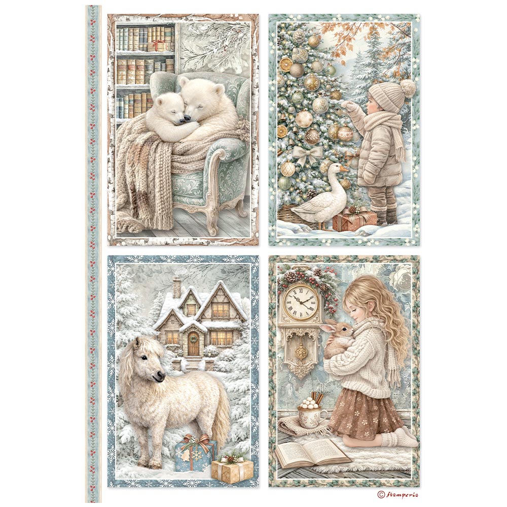 Stamperia Rice Paper A4 - White Christmas, 4 Cards