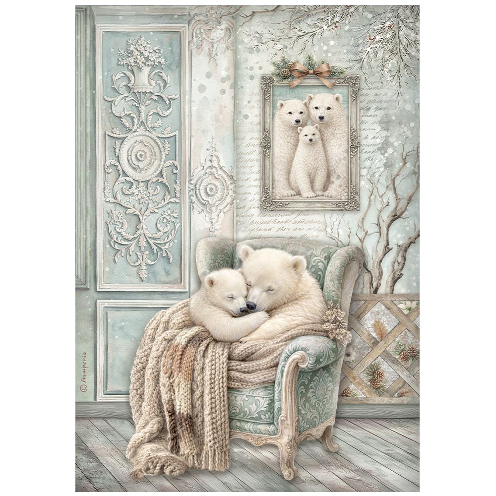 Stamperia Rice Paper A4 - White Christmas, Cozy Bears