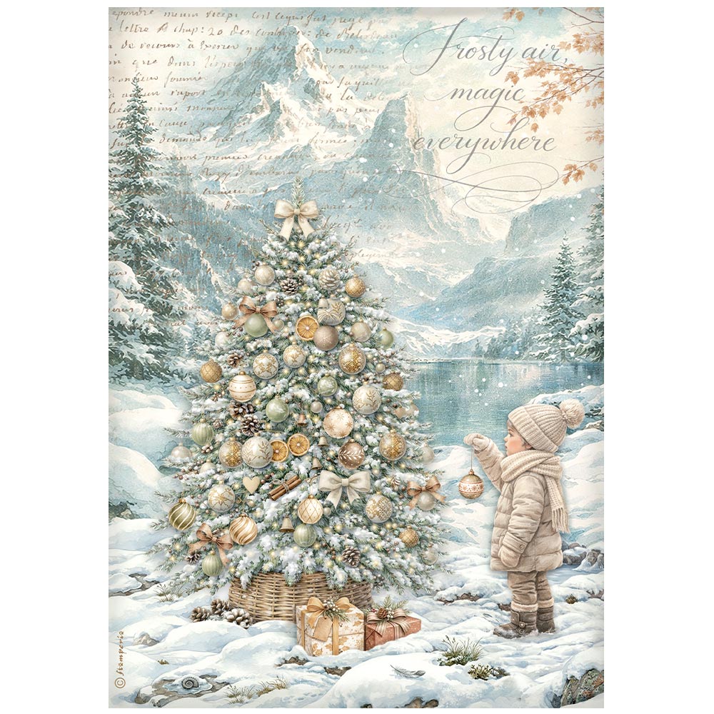 Stamperia Rice Paper A4 - White Christmas, Tree by the Lake