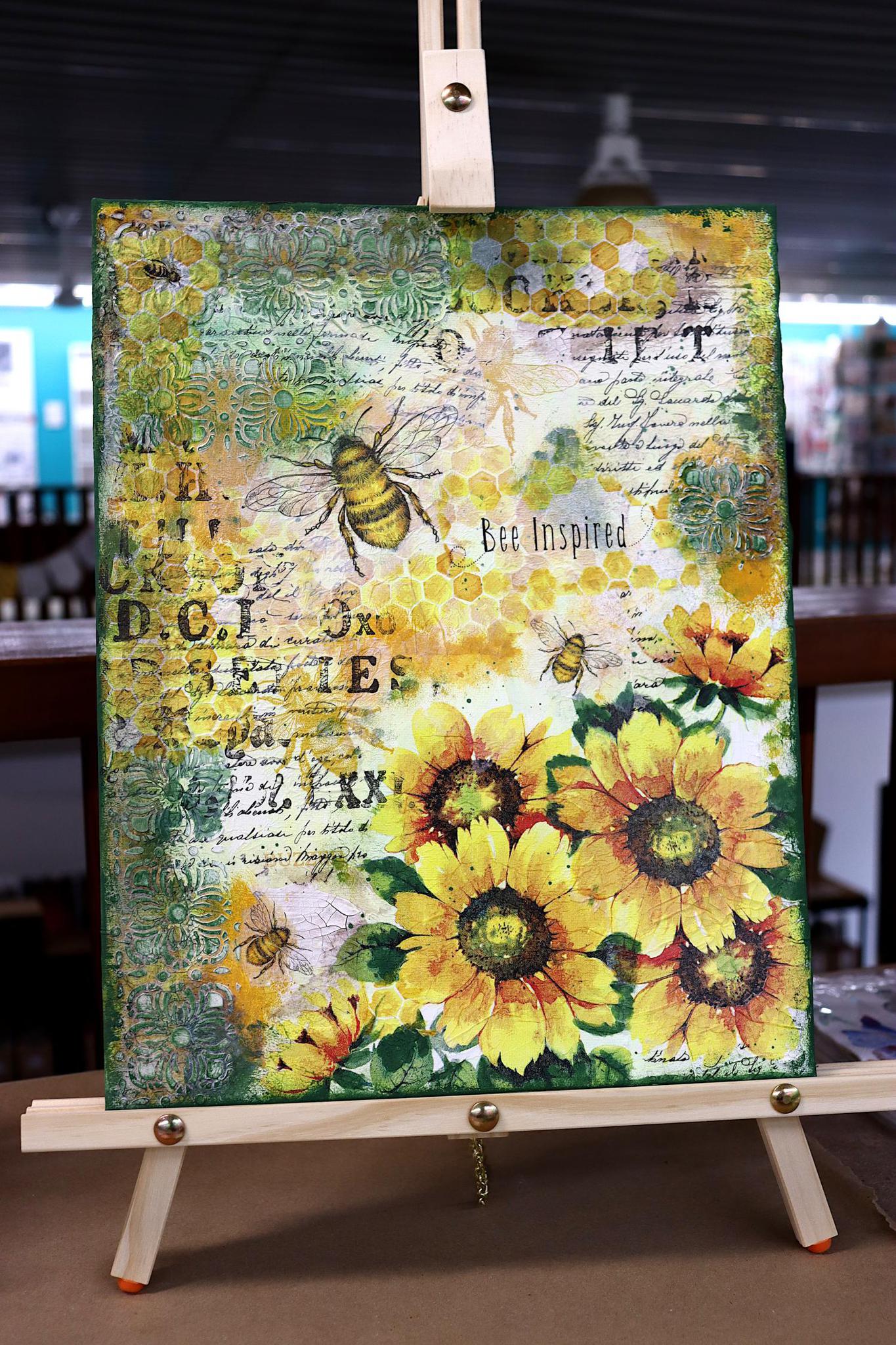 mixed media canvas with sunflowers and bees