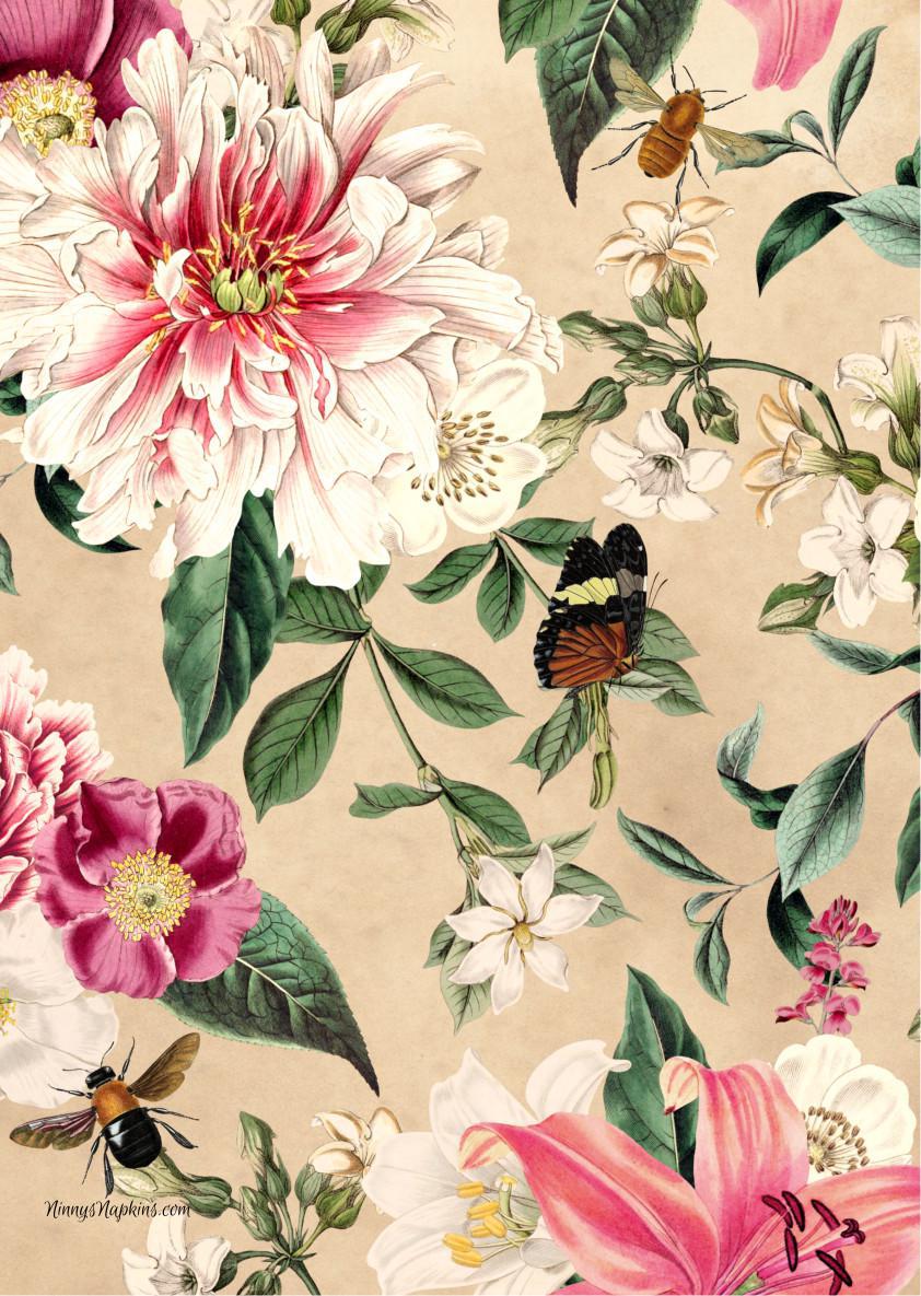 Ninny's Rice Paper A4 - Bees and Flowers Vintage