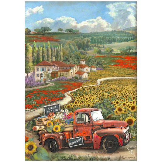 Stamperia  Rice Paper A4 - Sunflower Art, Vintage Car