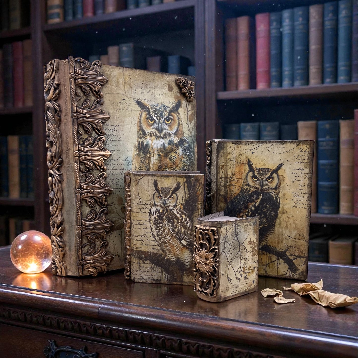 Juego de 4 cajas nido con forma de libro de papel maché