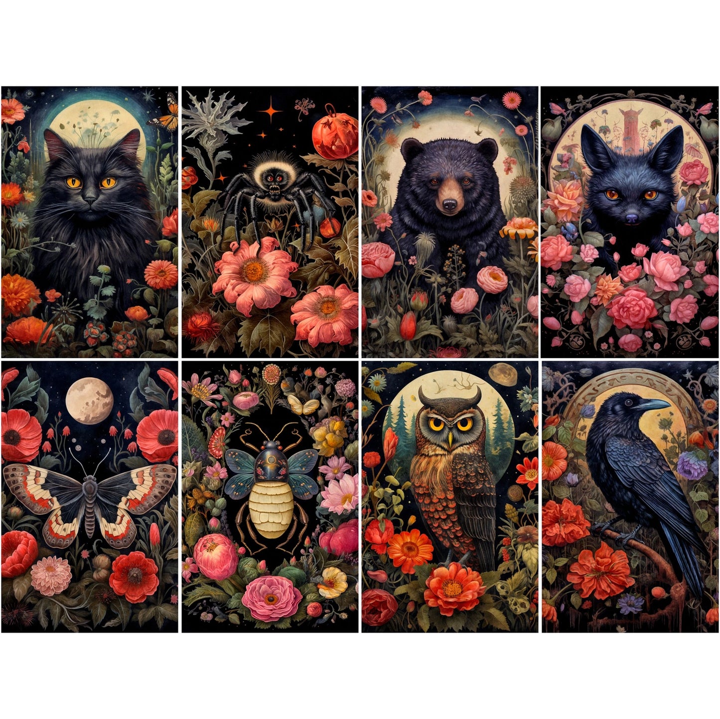 Decoupage Rice Paper Set of 6 - Dark Floral Animals