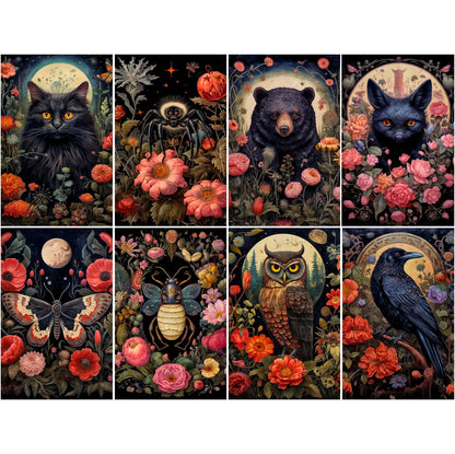 Decoupage Rice Paper Set of 6 - Dark Floral Animals