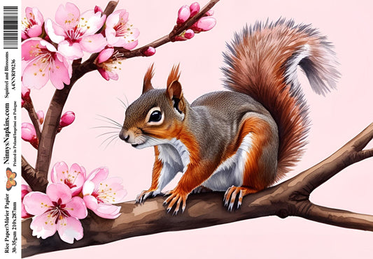  Decoupage Rice Paper - Squirrel & Blossoms