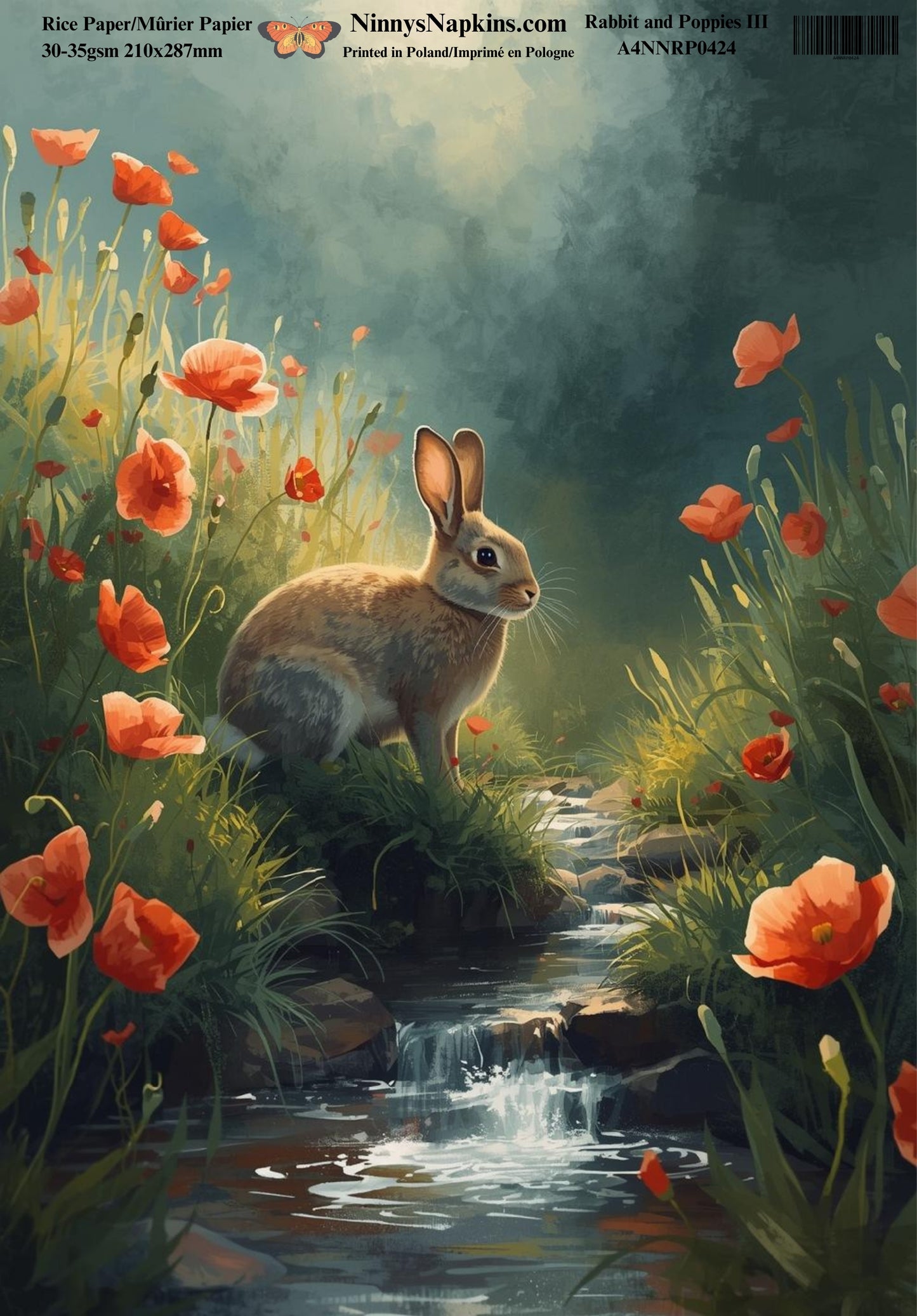 Decoupage Rice Paper - Rabbit and Poppies III