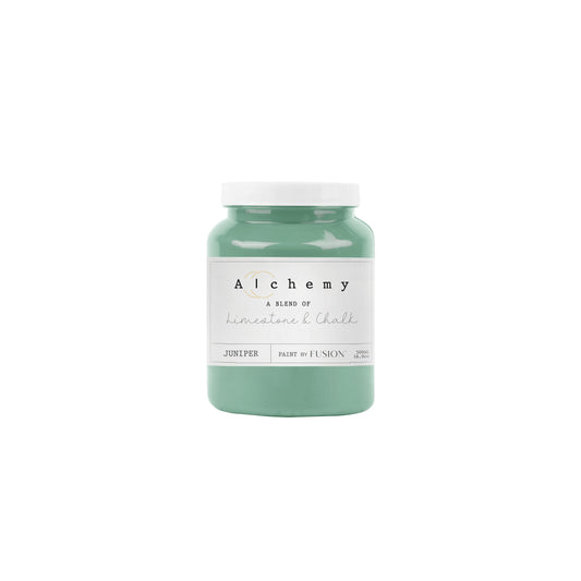 Green jar of Fusion Mineral Paint with 'Alchemy' label on a white background