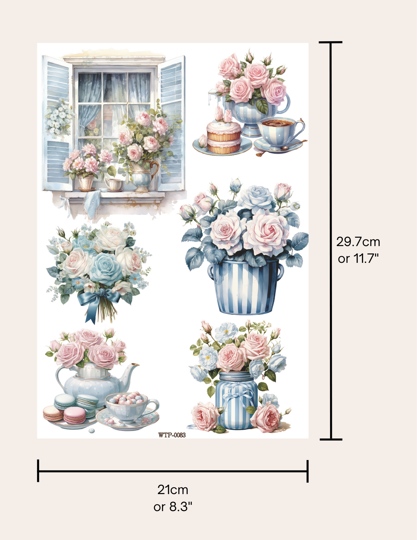 Wet Transfers A4- Blue Stripes and Pink Roses