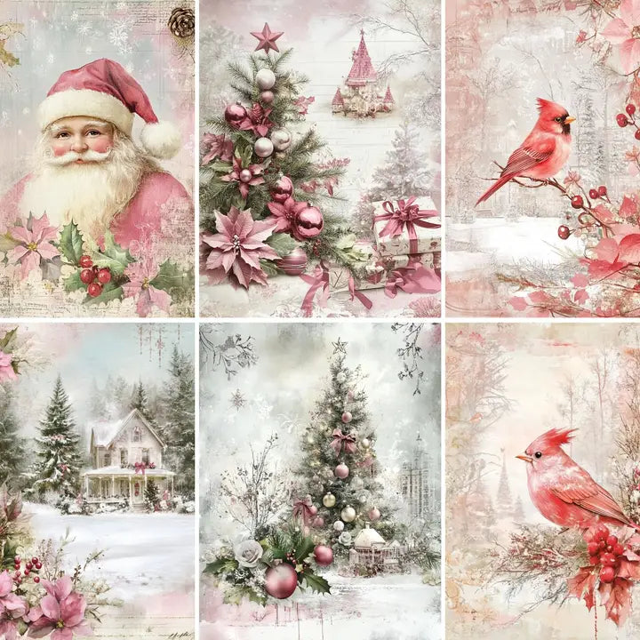 Craft Kreatively Rice Paper A4 Value Pack of 6 - Christmas in Pink