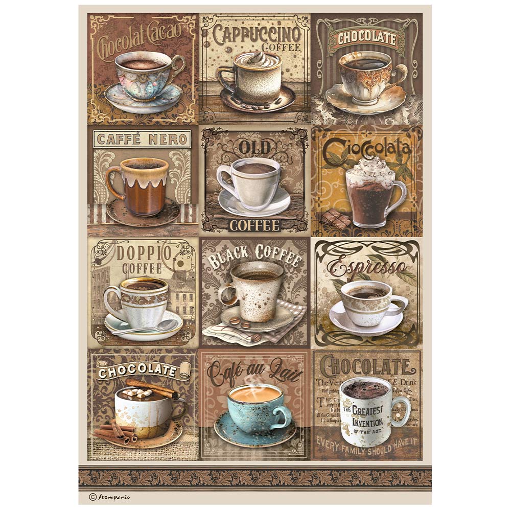 Stamperia Rice Paper A4 - Coffee and Chocolate Tags with Cups