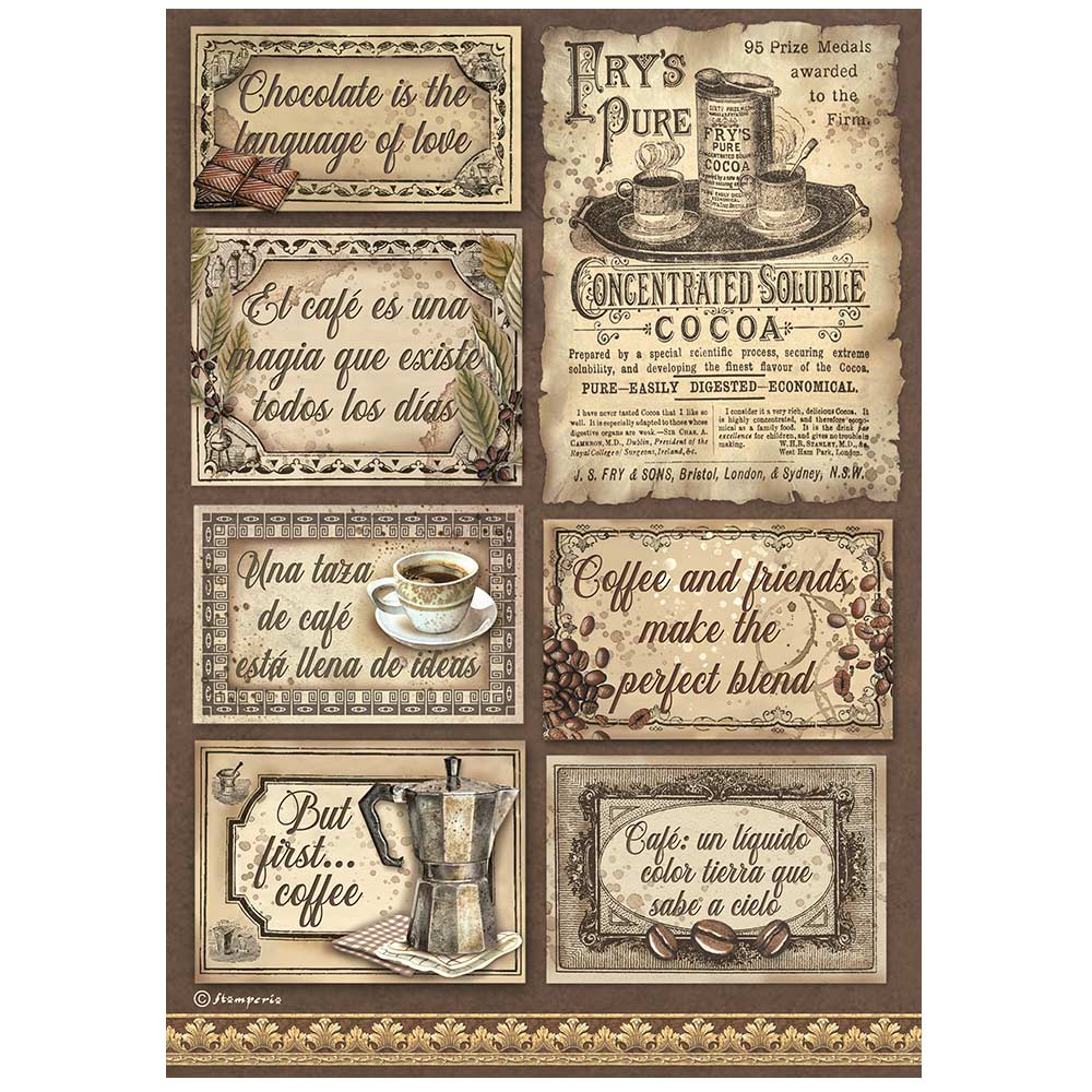 Stamperia Rice Paper A4 - Coffee and Chocolate Labels