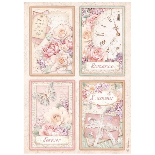 Stamperia Rice Paper A4 - Romance Forever, 4 Cards