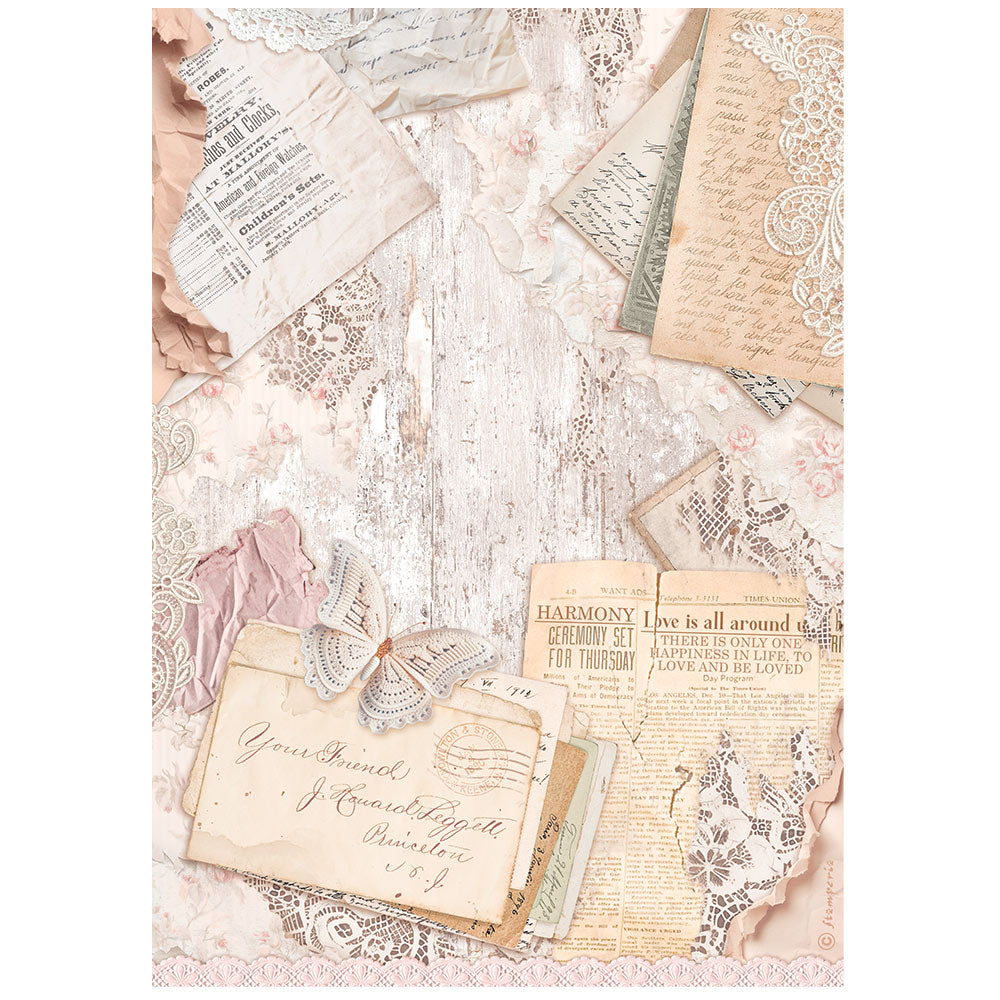 Stamperia Rice Paper A4 - Romance Forever, Letters
