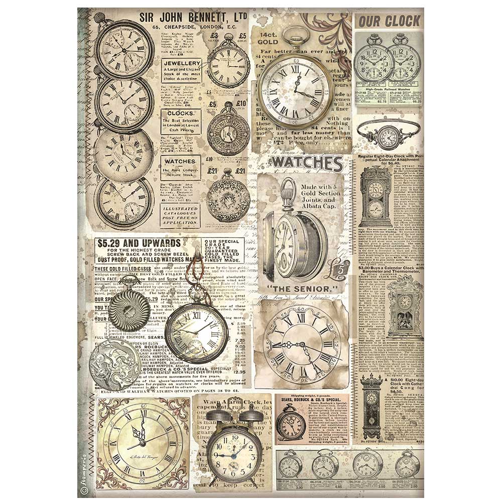 Stamperia Rice Paper A4 - Brocante Antiques, Clocks