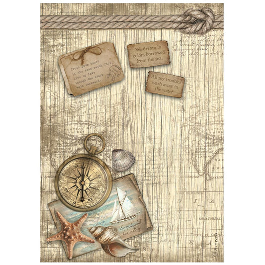 Stamperia Rice Paper A4 - Sea Land, Compass