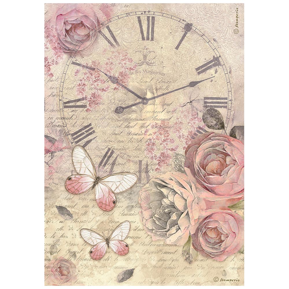 Stamperia Rice Paper A4 - Shabby Rose, Clock