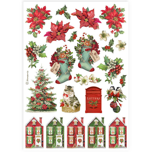 Stamperia Rice Paper A4 - Classic Christmas, Socks and Houses