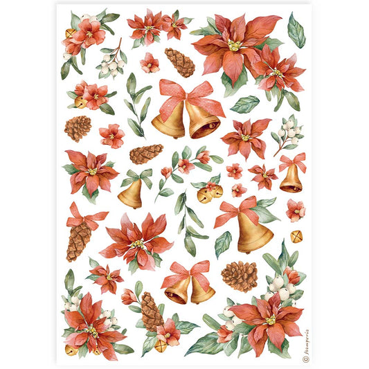 Stamperia Rice Paper A4 - Classic Christmas, Poinsettia and Bells