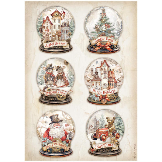 Stamperia Rice Paper A4 - Gear Up For Christmas, Snow Globes