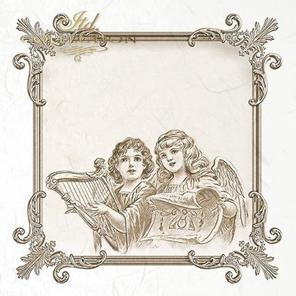 Decorative illustration of two angels with a harp and book in an ornate frame.