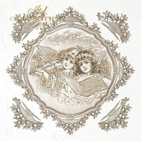 Decorative illustration of two children with a decorative frame and text.