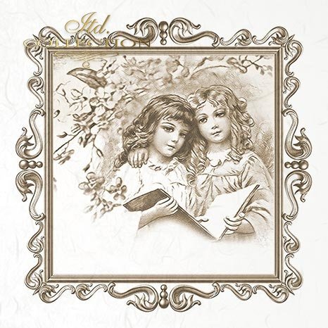 Vintage-style illustration of two children holding books within an ornate frame.