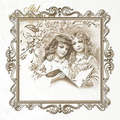 Vintage-style illustration of two children holding books within an ornate frame.