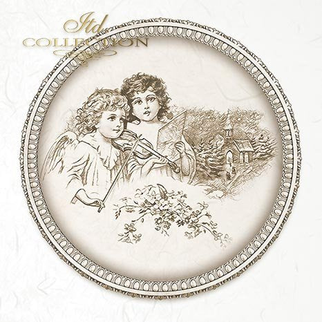 Decorative plate with vintage illustration of two children playing music, framed by decorative border.